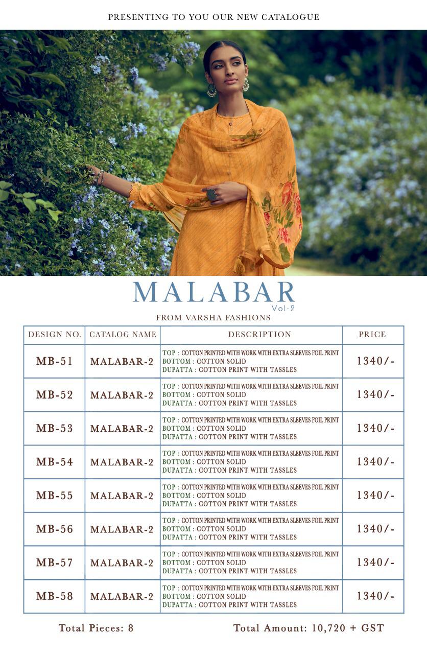 Malabar Vol-2 By Varsha Fashions Mb-51 To Mb-58 Series Beautiful Suits Collection Colorful Stylish Fancy Casual Wear & Ethnic Wear Cotton Print With Embroidered Dresses At Wholesale Price