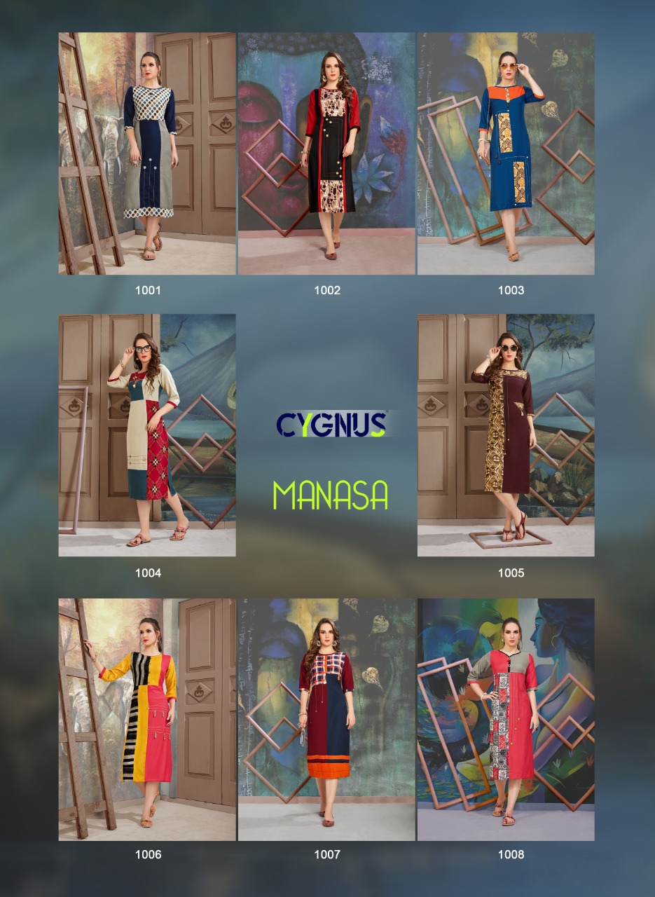 Manasa By Cygnus 1001 To 1008 Series Beautiful Colorful Stylish Fancy Casual Wear & Ethnic Wear & Ready To Wear Heavy Rayon Printed Kurtis At Wholesale Price