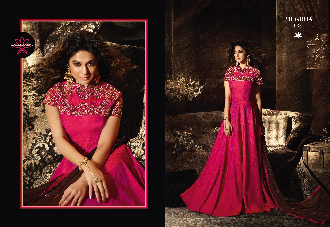 Mandira By Mugdha 11041 To 11044 Series Designer Anarkali Suits Collection Beautiful Stylish Fancy Colorful Party Wear & Occasional Wear Silk Embroidered Dresses At Wholesale Price