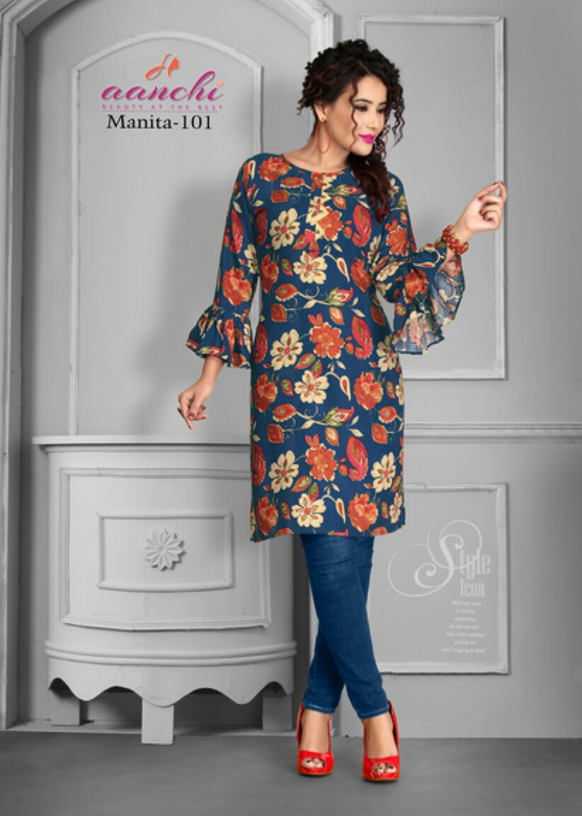 Manita By Aanchi 101 To 108 Series Stylish Fancy Beautiful Colorful Casual Wear & Ethnic Wear Heavy Rayon Printed Kurtis At Wholesale Price