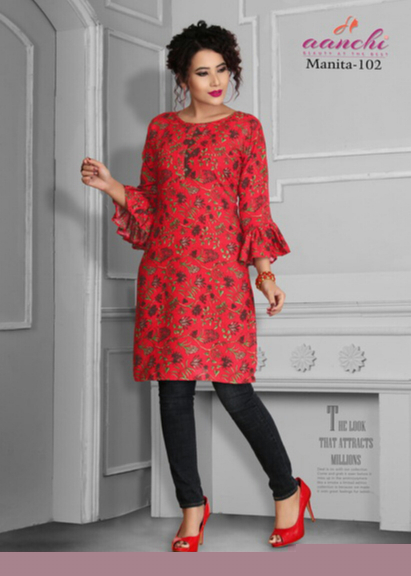 Manita By Aanchi 101 To 108 Series Stylish Fancy Beautiful Colorful Casual Wear & Ethnic Wear Heavy Rayon Printed Kurtis At Wholesale Price