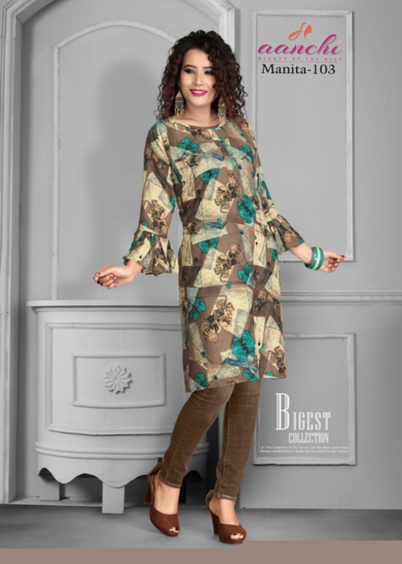 Manita By Aanchi 101 To 108 Series Stylish Fancy Beautiful Colorful Casual Wear & Ethnic Wear Heavy Rayon Printed Kurtis At Wholesale Price
