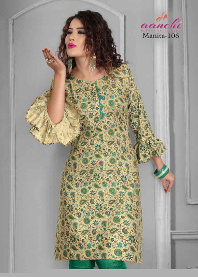 Manita By Aanchi 101 To 108 Series Stylish Fancy Beautiful Colorful Casual Wear & Ethnic Wear Heavy Rayon Printed Kurtis At Wholesale Price