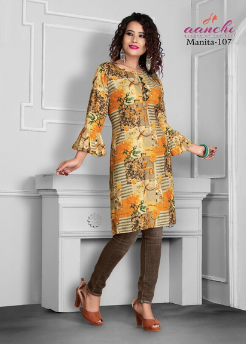 Manita By Aanchi 101 To 108 Series Stylish Fancy Beautiful Colorful Casual Wear & Ethnic Wear Heavy Rayon Printed Kurtis At Wholesale Price