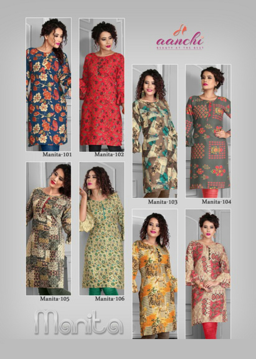 Manita By Aanchi 101 To 108 Series Stylish Fancy Beautiful Colorful Casual Wear & Ethnic Wear Heavy Rayon Printed Kurtis At Wholesale Price