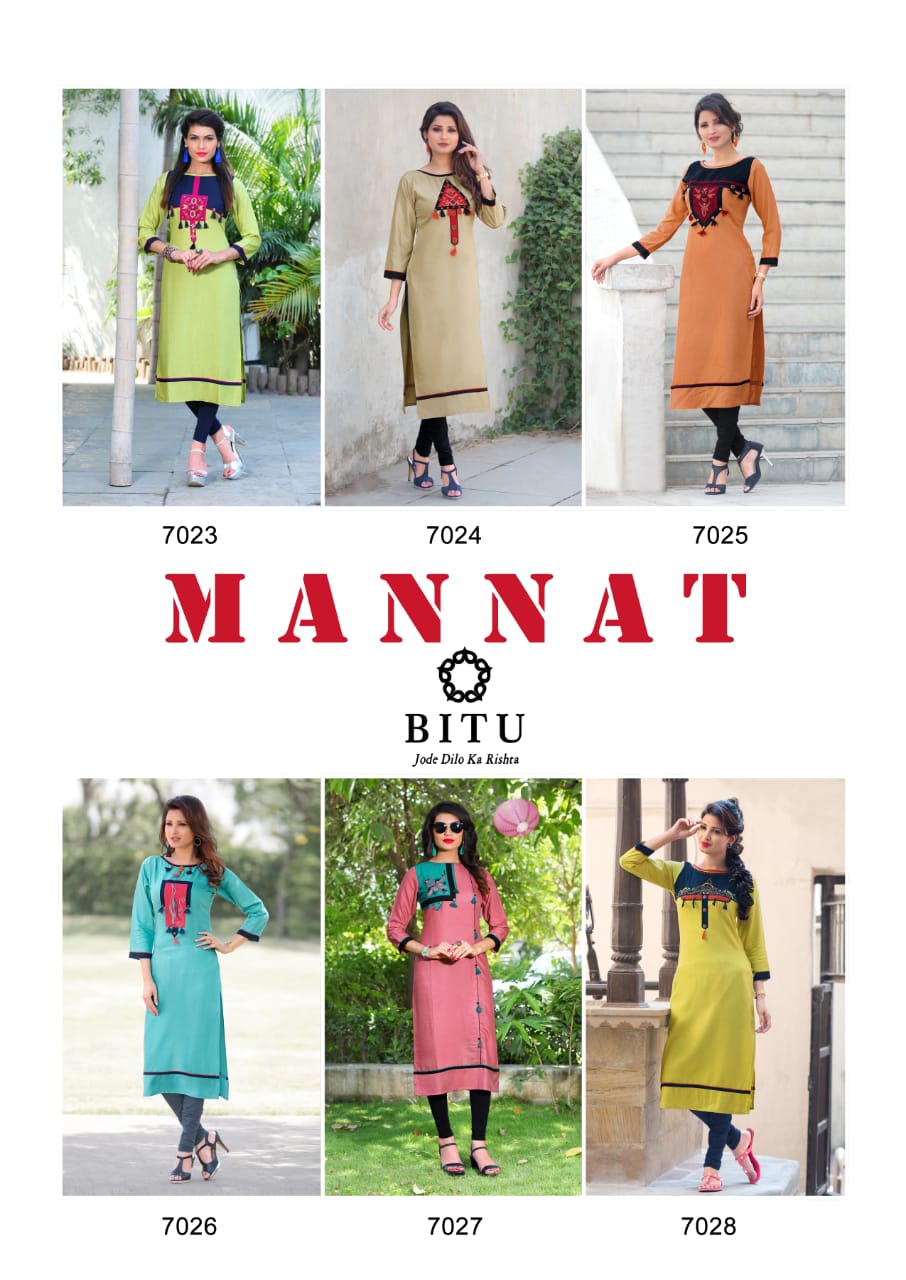 Mannat By Bitu 7023 To 7028 Series Beautiful Stylish Fancy Colorful Casual Wear & Ethnic Wear & Ready To Wear Rayon Kurtis At Wholesale Price