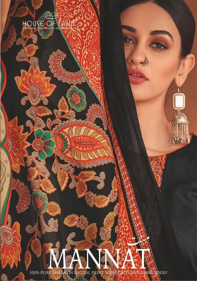 Mannat By House Of Lawn 1001 To 1010 Series  Studio Designer Collection Beautiful Stylish Fancy Colorful Party Wear & Occasional Wear Pure Jam Satin Digital Printed With Embroidery With Embroidery Dresses At Wholesale Price