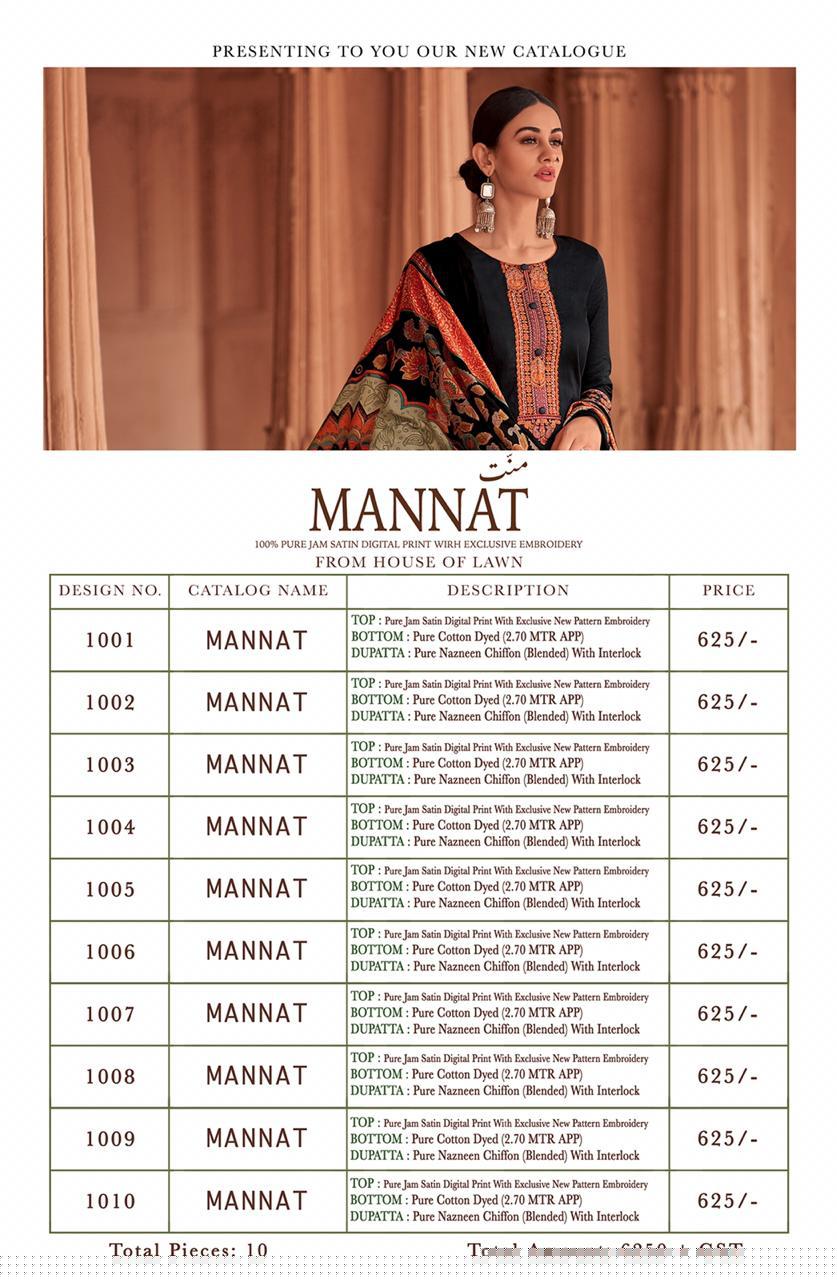 Mannat By House Of Lawn 1001 To 1010 Series Studio Designer Collection Beautiful Stylish Fancy Colorful Party Wear & Occasional Wear Pure Jam Satin Digital Printed With Embroidery With Embroidery Dresses At Wholesale Price