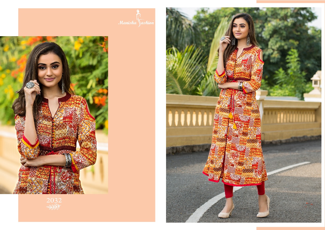 Mantra Vol-2 By Manisha Fashion 2031 To 2040 Series Beautiful Stylish Colorful Fancy Party Wear & Ethnic Wear & Ready To Wear Rayon Printed Kurtis At Wholesale Price