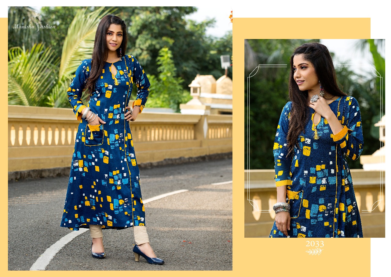 Mantra Vol-2 By Manisha Fashion 2031 To 2040 Series Beautiful Stylish Colorful Fancy Party Wear & Ethnic Wear & Ready To Wear Rayon Printed Kurtis At Wholesale Price