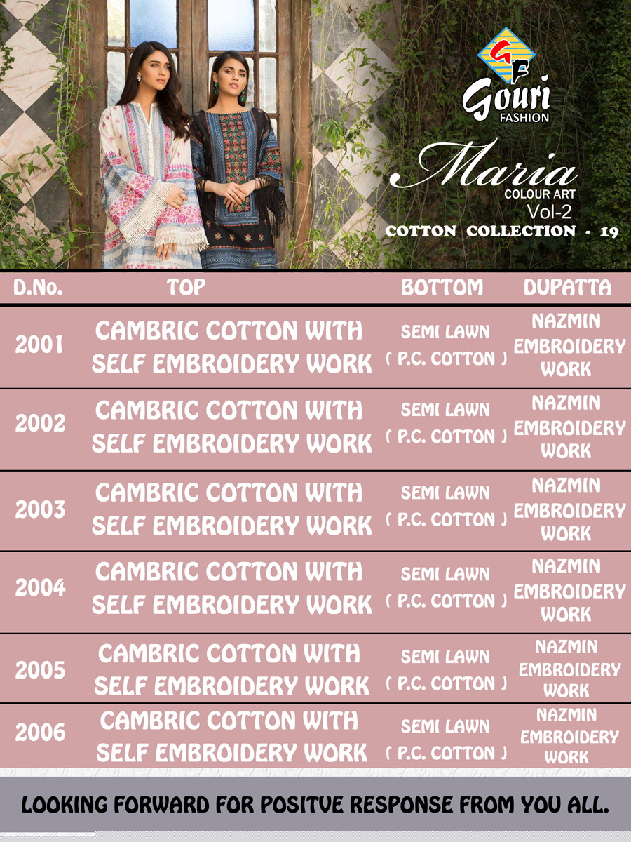 Maria Cotton Art Vol-2 By Gouri Fashion 2001 To 2006 Designer Pakistani Suits Collection Beautiful Stylish Fancy Colorful Party Wear & Occasional Wear Cambric Cotton With Embroidery Dresses At Wholesale Price