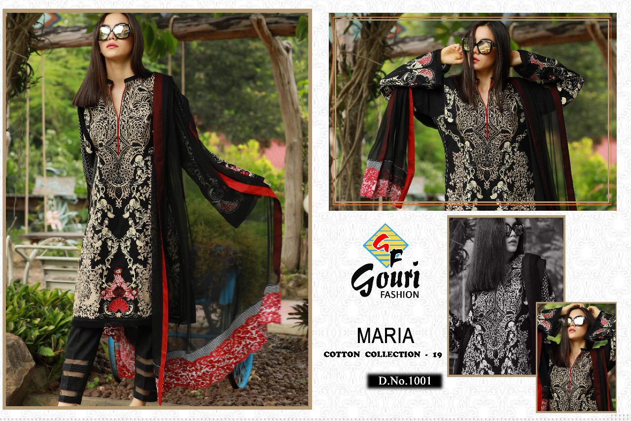 Maria Cotton Collection Vol-19 By Gouri Fashion 1001 To 1005 Designer Pakistani Suits Collection Beautiful Stylish Fancy Colorful Party Wear & Occasional Wear Cambric Cotton With Embroidery Dresses At Wholesale Price
