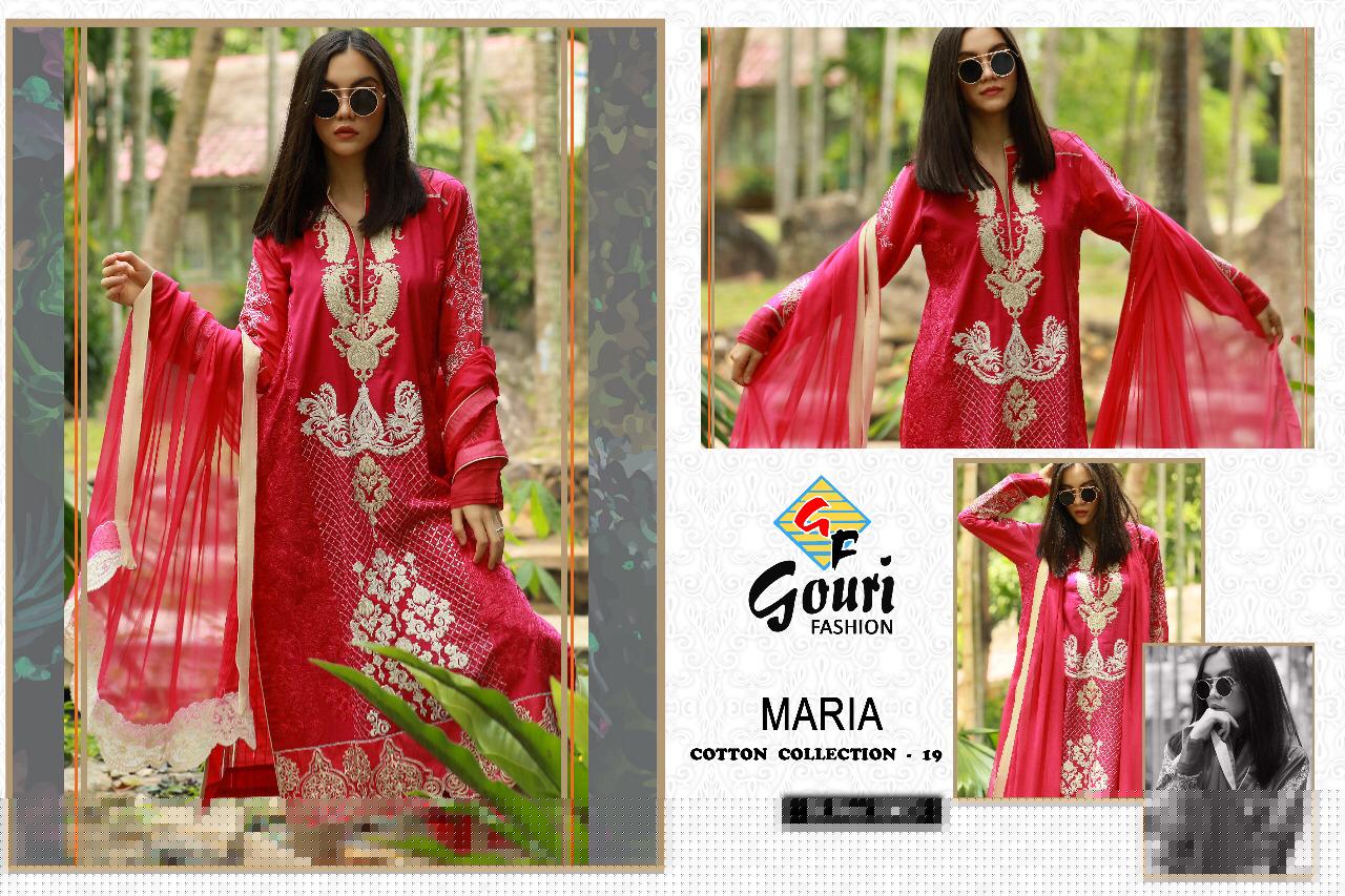 Maria Cotton Collection Vol-19 By Gouri Fashion 1001 To 1005 Designer Pakistani Suits Collection Beautiful Stylish Fancy Colorful Party Wear & Occasional Wear Cambric Cotton With Embroidery Dresses At Wholesale Price