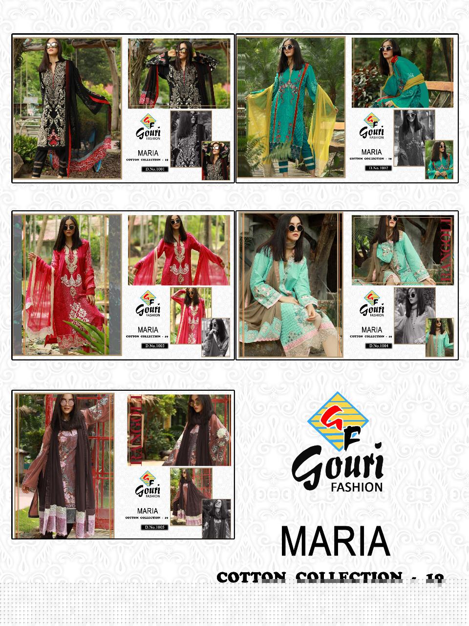 Maria Cotton Collection Vol-19 By Gouri Fashion 1001 To 1005 Designer Pakistani Suits Collection Beautiful Stylish Fancy Colorful Party Wear & Occasional Wear Cambric Cotton With Embroidery Dresses At Wholesale Price