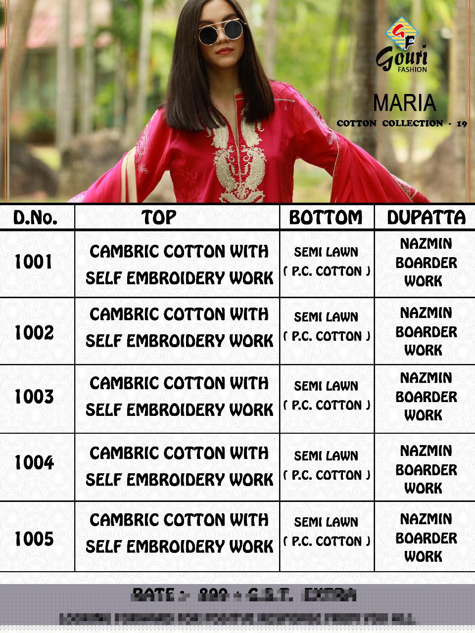 Maria Cotton Collection Vol-19 By Gouri Fashion 1001 To 1005 Designer Pakistani Suits Collection Beautiful Stylish Fancy Colorful Party Wear & Occasional Wear Cambric Cotton With Embroidery Dresses At Wholesale Price