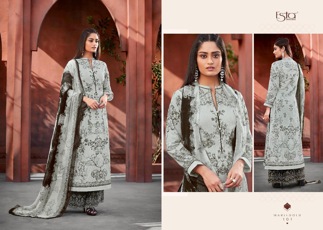 Mariegold By Esta Designs 101 To 112 Series Beautiful Suits Stylish Fancy Colorful Party Wear & Ethnic Wear Digital Printed Cotton Lawn With Mirror Work Dresses At Wholesale Price