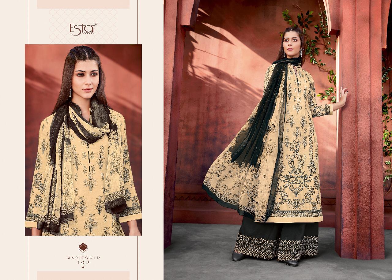 Mariegold By Esta Designs 101 To 112 Series Beautiful Suits Stylish Fancy Colorful Party Wear & Ethnic Wear Digital Printed Cotton Lawn With Mirror Work Dresses At Wholesale Price