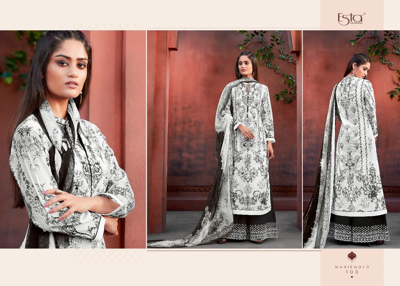 Mariegold By Esta Designs 101 To 112 Series Beautiful Suits Stylish Fancy Colorful Party Wear & Ethnic Wear Digital Printed Cotton Lawn With Mirror Work Dresses At Wholesale Price