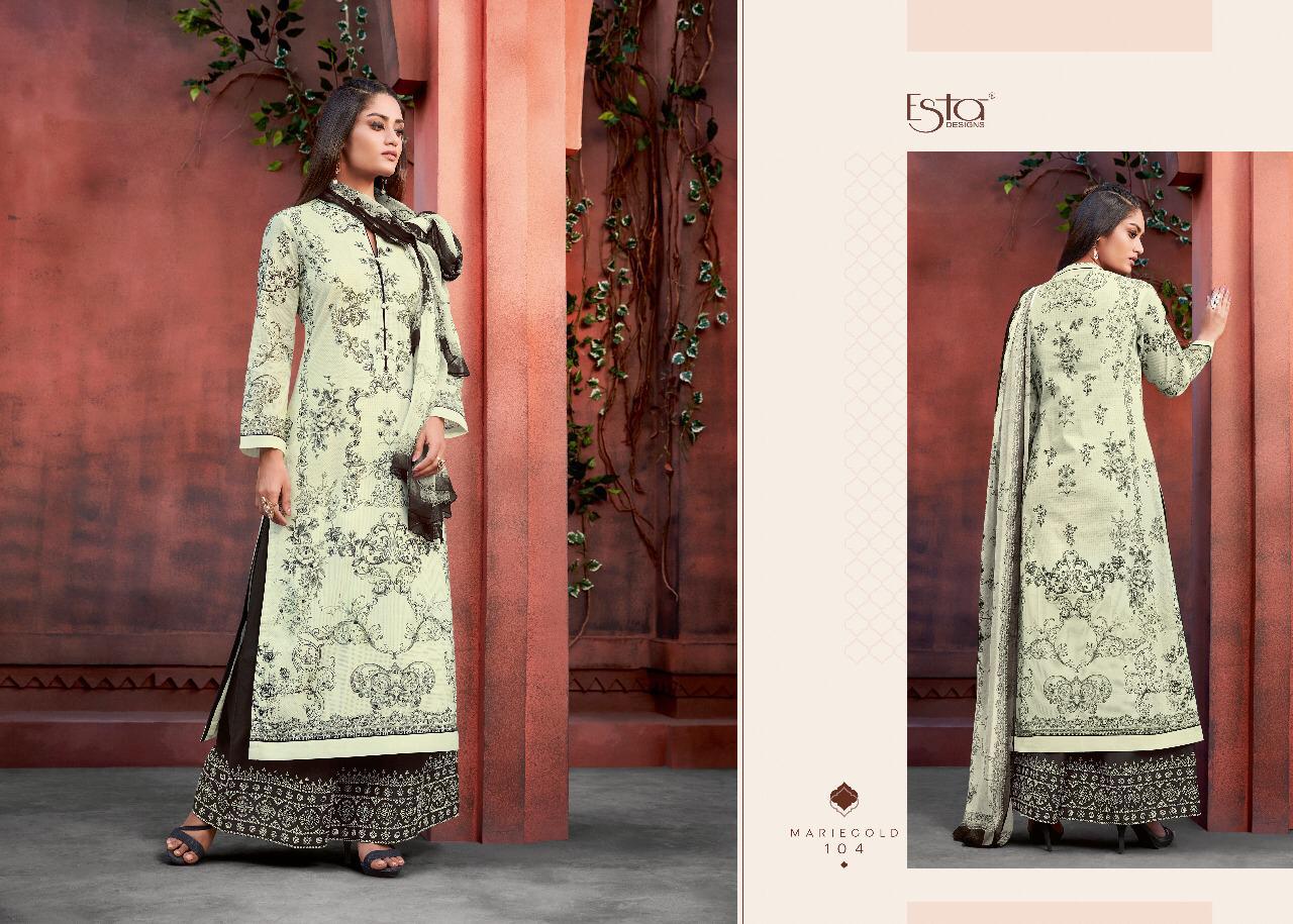 Mariegold By Esta Designs 101 To 112 Series Beautiful Suits Stylish Fancy Colorful Party Wear & Ethnic Wear Digital Printed Cotton Lawn With Mirror Work Dresses At Wholesale Price