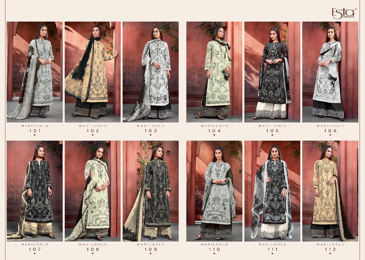 Mariegold By Esta Designs 101 To 112 Series Beautiful Suits Stylish Fancy Colorful Party Wear & Ethnic Wear Digital Printed Cotton Lawn With Mirror Work Dresses At Wholesale Price