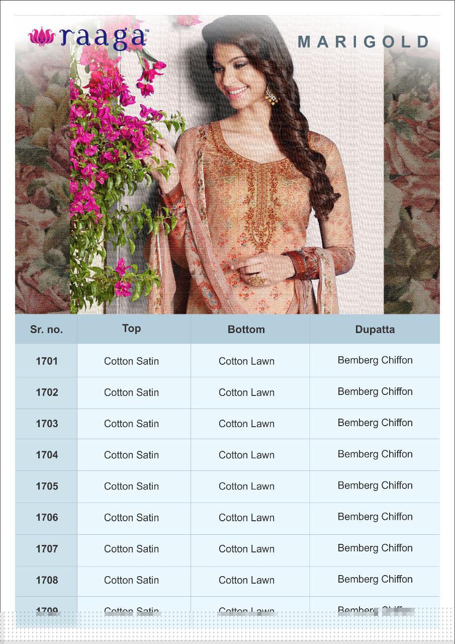 Marigold By Raaga 1701 To 1709 Series Designer Suits Beautiful Stylish Fancy Colorful Party Wear & Ethnic Wear Satin Cotton Embroidered Dresses At Wholesale Price