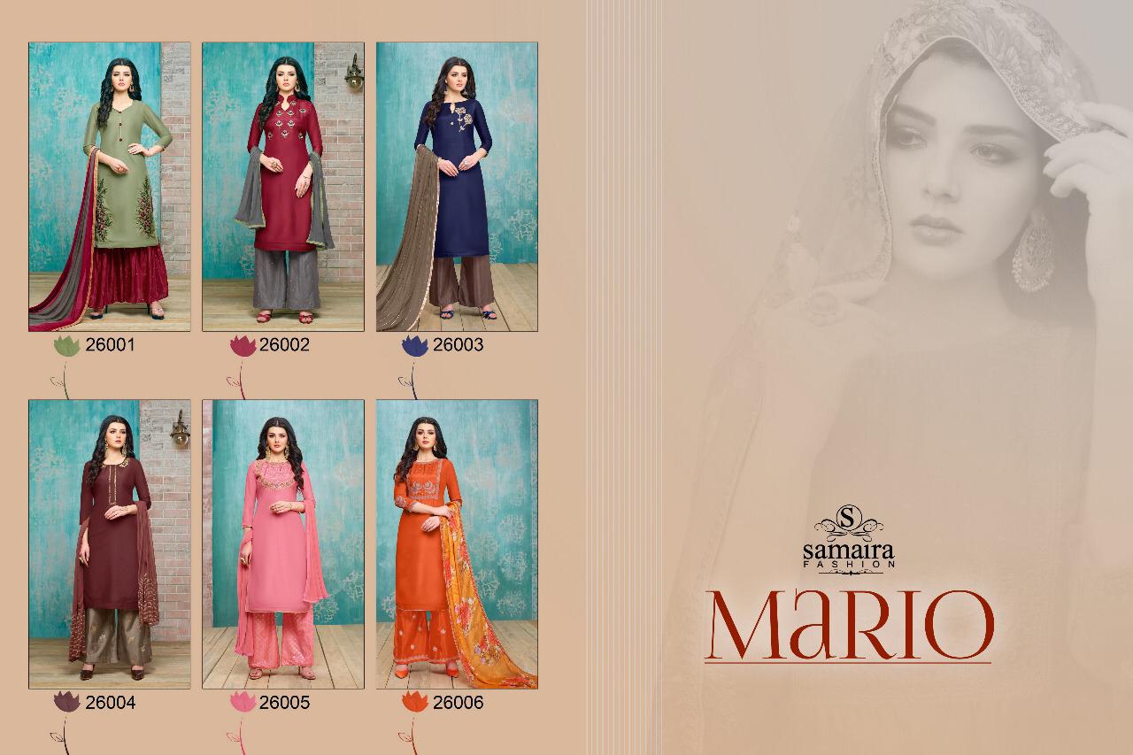 Mario By Samaira Fashion 26001 To 26006 Series Beautiful Suits Colorful Stylish Fancy Casual Wear & Ethnic Wear Upada Silk Embroidered Dresses At Wholesale Price