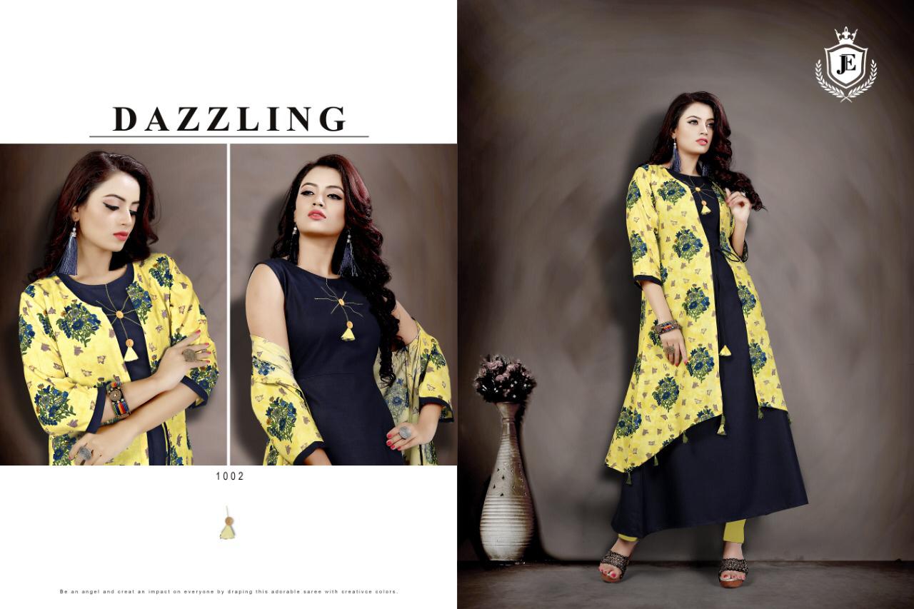 Mariya By Je 1001 To 1004 Series Beautiful Stylish Colorful Fancy Party Wear & Ethnic Wear & Ready To Wear Heavy Rayon Slub Embroidered Kurtis With Shrug At Wholesale Price