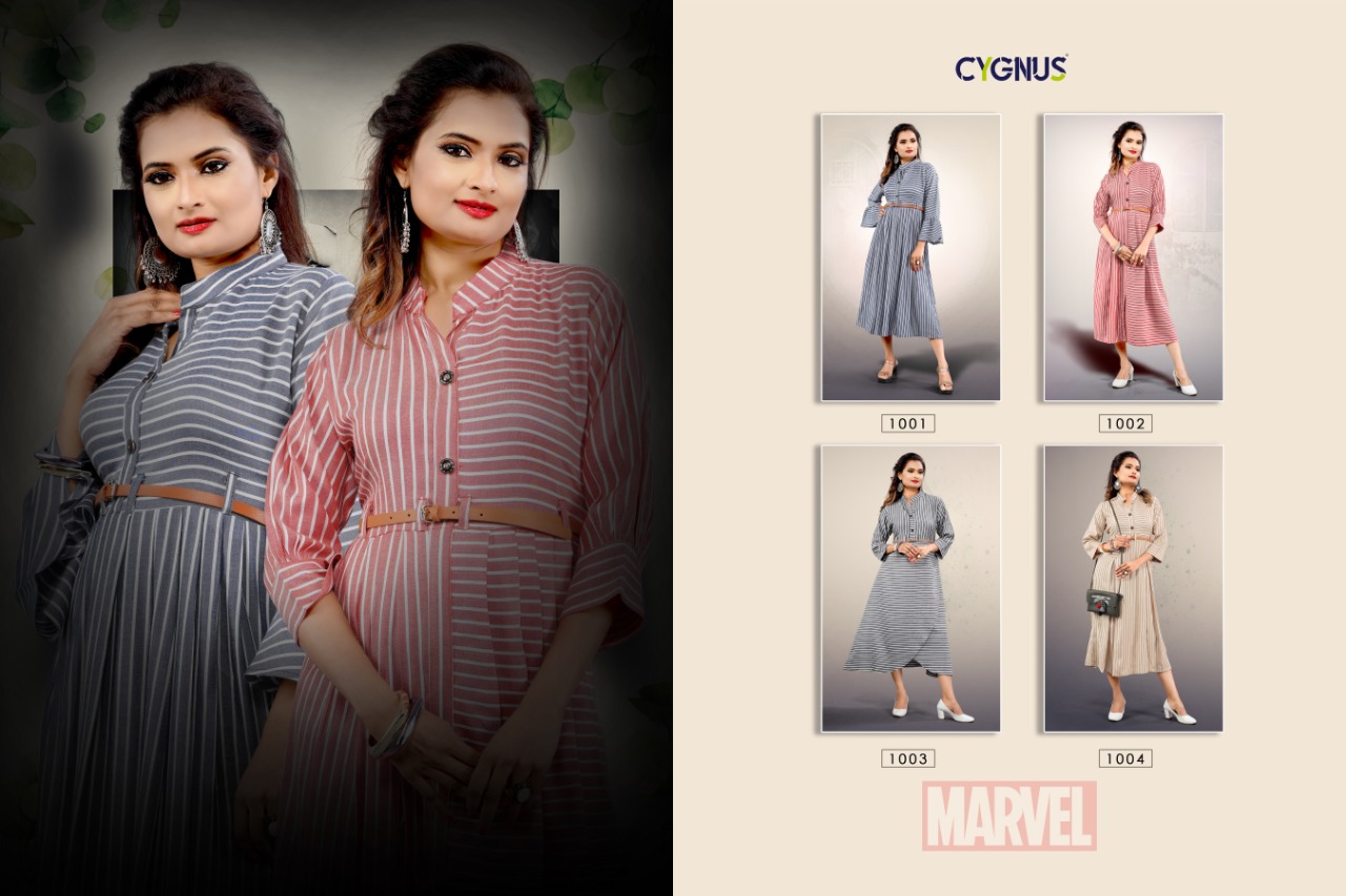 Marvel By Cygnus 1001 To 1004 Series Beautiful Stylish Fancy Colorful Casual Wear & Ethnic Wear & Ready To Wear Rayon Dyed Kurtis With Belt At Wholesale Price