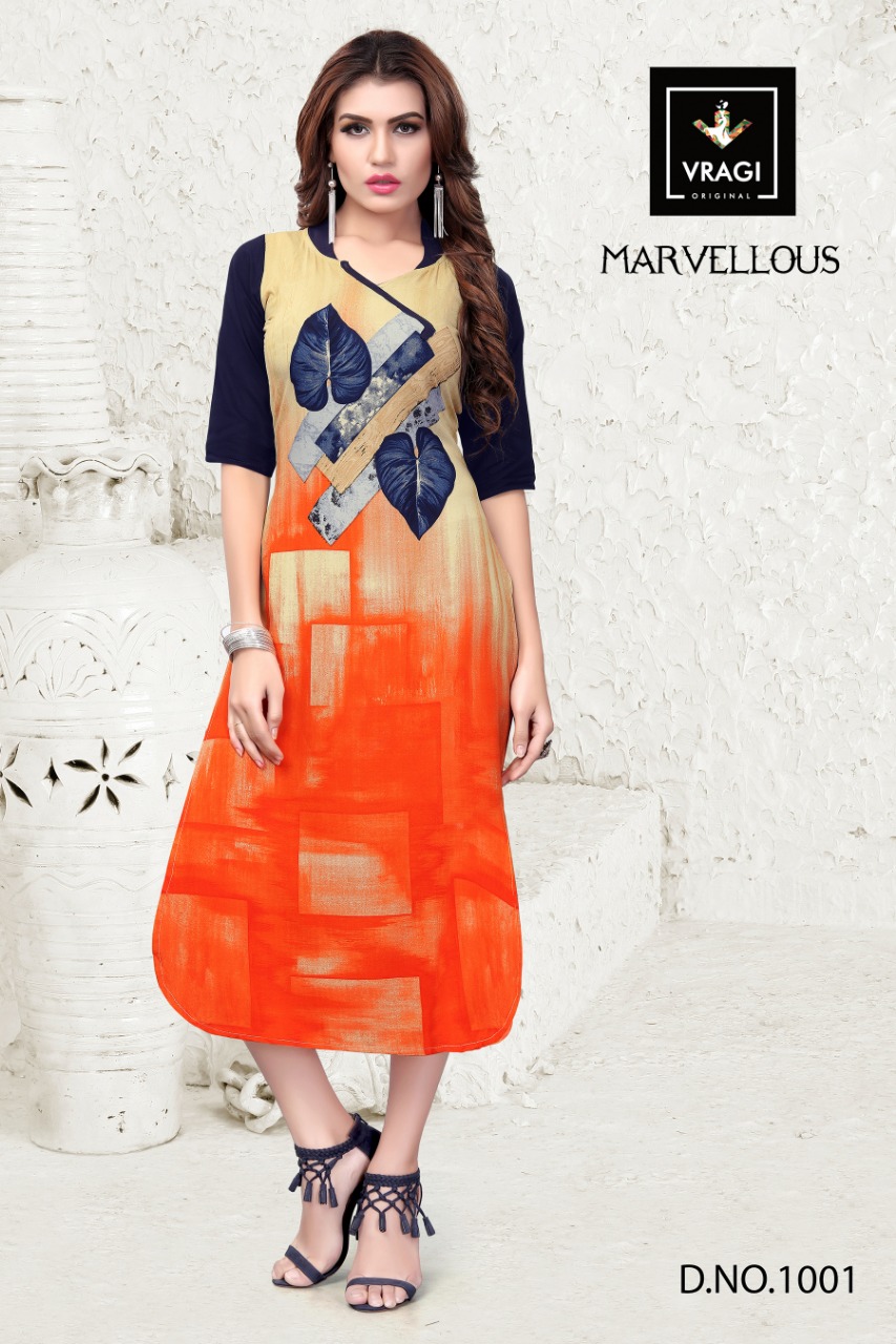 Marvellous By Vragi 1001 To 1008 Series Beautiful Colorful Stylish Fancy Casual Wear & Ethnic Wear & Ready To Wear Heavy Rayon Printed Kurtis At Wholesale Price