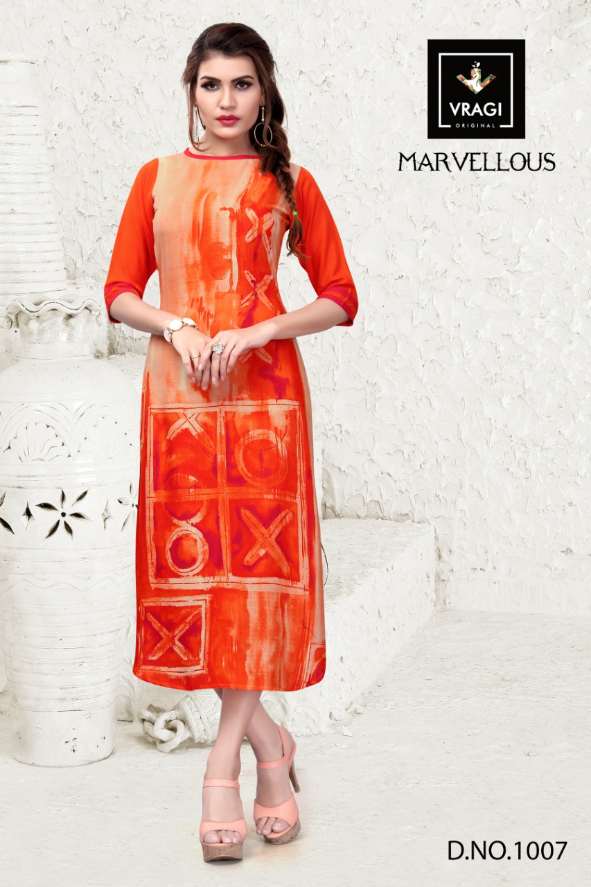 Marvellous By Vragi 1001 To 1008 Series Beautiful Colorful Stylish Fancy Casual Wear & Ethnic Wear & Ready To Wear Heavy Rayon Printed Kurtis At Wholesale Price