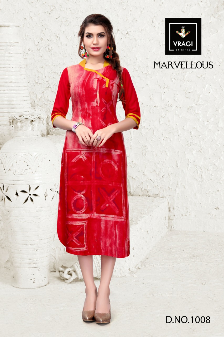 Marvellous By Vragi 1001 To 1008 Series Beautiful Colorful Stylish Fancy Casual Wear & Ethnic Wear & Ready To Wear Heavy Rayon Printed Kurtis At Wholesale Price