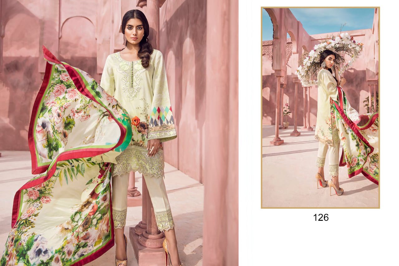 Maryum N Maria By Samaira Fashion 126 To 128 Series Pakistani Stylish Beautiful Colourful Printed & Embroidered Party Wear & Occasional Wear Pure Cotton Cambric Print & Self Heavy Embroidery Dresses At Wholesale Price