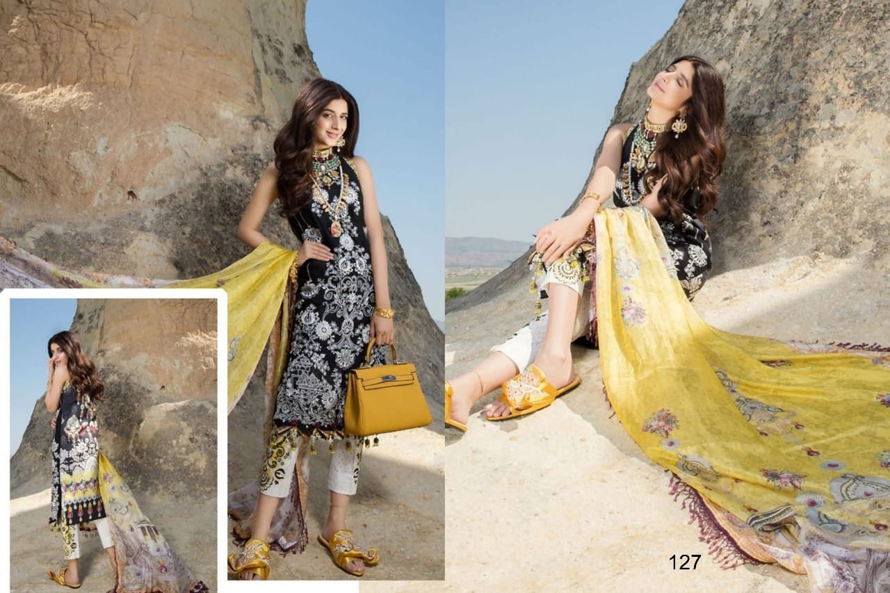 Maryum N Maria By Samaira Fashion 126 To 128 Series Pakistani Stylish Beautiful Colourful Printed & Embroidered Party Wear & Occasional Wear Pure Cotton Cambric Print & Self Heavy Embroidery Dresses At Wholesale Price