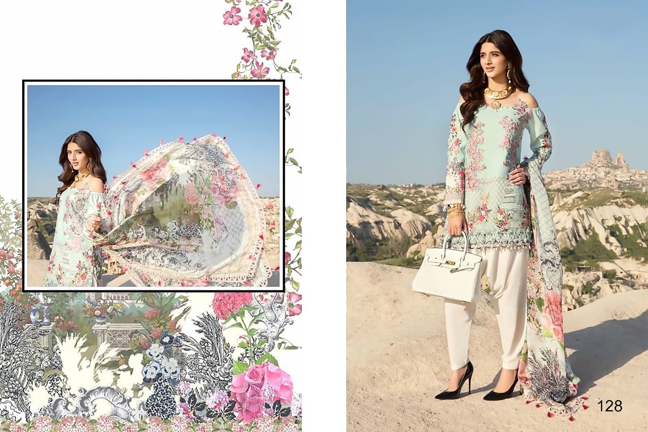 Maryum N Maria By Samaira Fashion 126 To 128 Series Pakistani Stylish Beautiful Colourful Printed & Embroidered Party Wear & Occasional Wear Pure Cotton Cambric Print & Self Heavy Embroidery Dresses At Wholesale Price