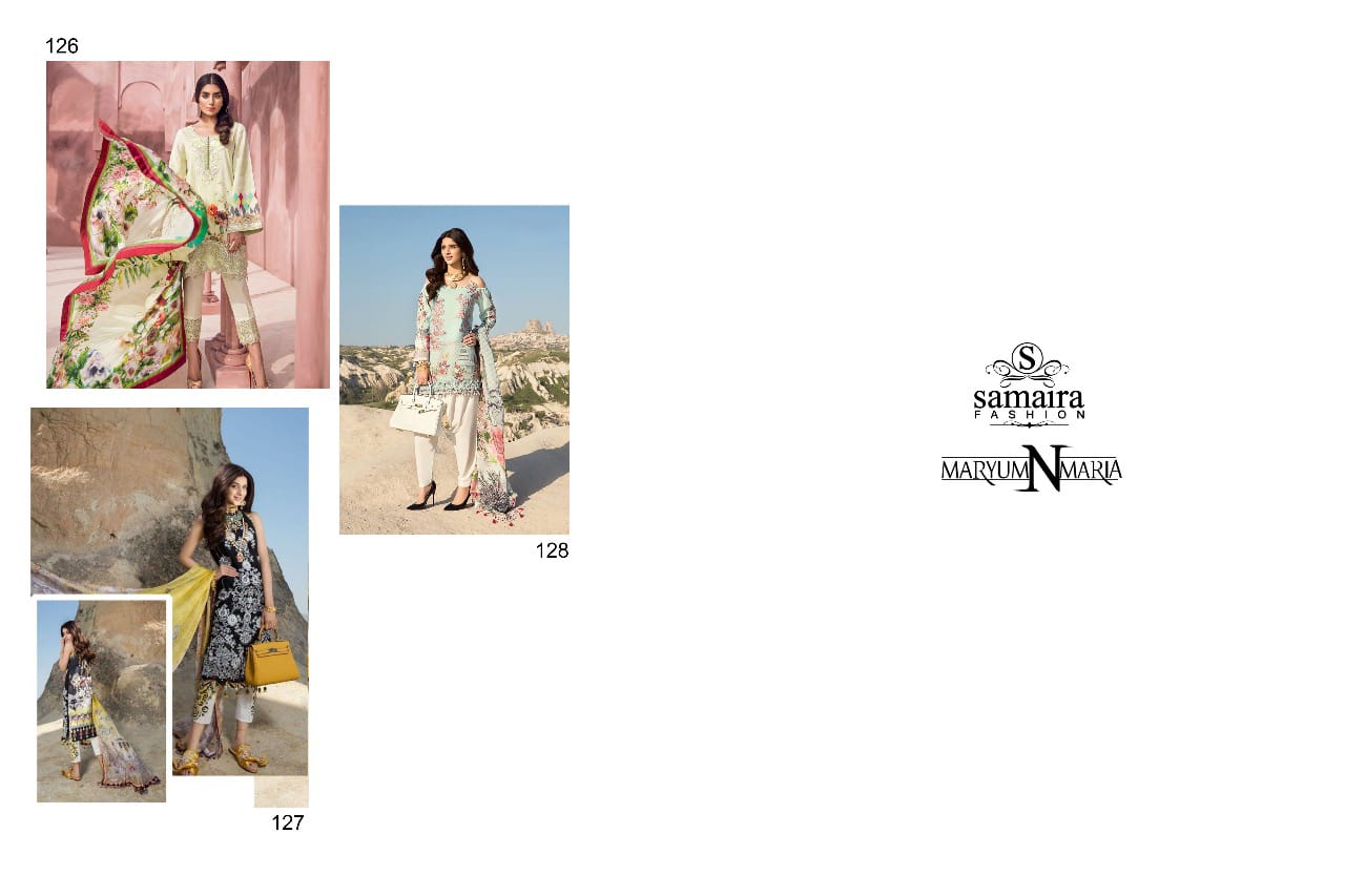 Maryum N Maria By Samaira Fashion 126 To 128 Series Pakistani Stylish Beautiful Colourful Printed & Embroidered Party Wear & Occasional Wear Pure Cotton Cambric Print & Self Heavy Embroidery Dresses At Wholesale Price