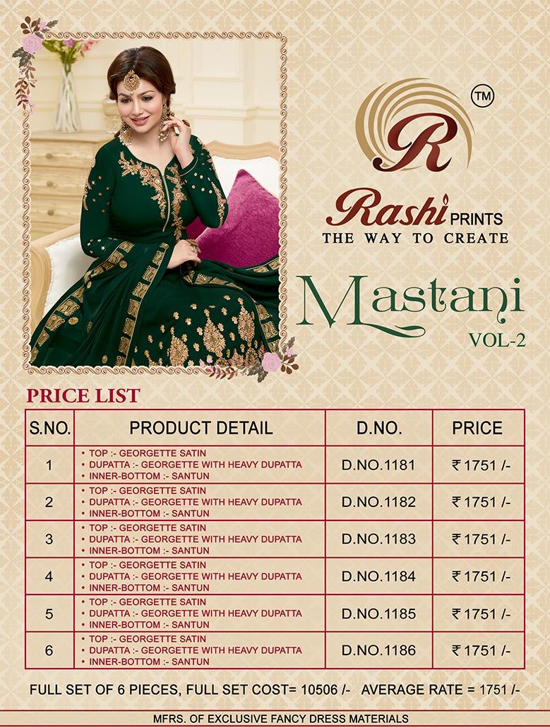 Mastani Vol-2 By Rashi Prints 1181 To 1186 Series Beautiful Stylish Designer Printed And Embroidered Party Wear Occasional Wear Georgette Satin Embroidery Dresses At Wholesale Price