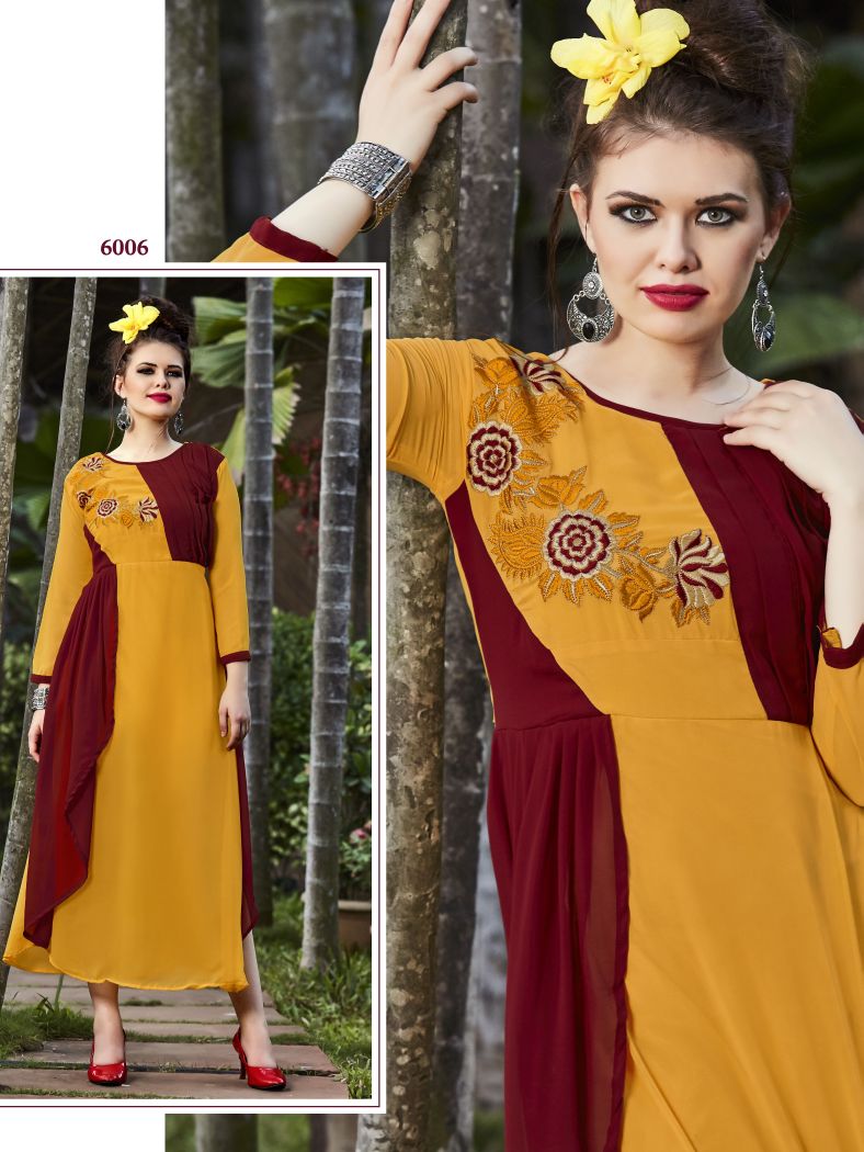 Meem Vol-6 By The Designer 6001 To 6006 Series Designer Beautiful Stylish Fancy Colorful Party Wear & Ethnic Wear Collection Georgette Embroidered Kurtis At Wholesale Price