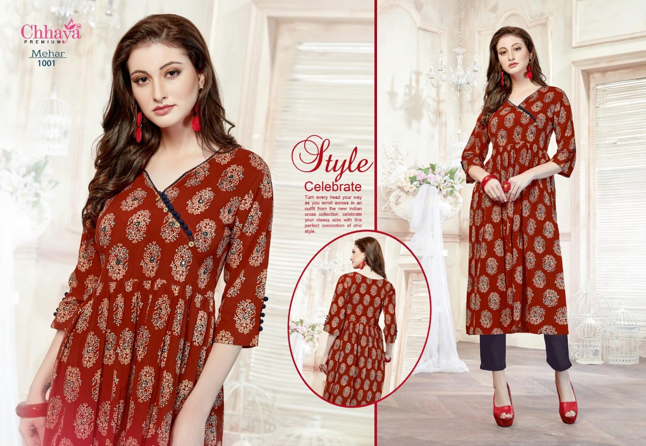 Mehar By Chhaya 1001 To 1010 Series Indian Wear Collection Beautiful Stylish Fancy Colorful Party Wear & Occasional Wear Cotton Printed Kurtis At Wholesale Price