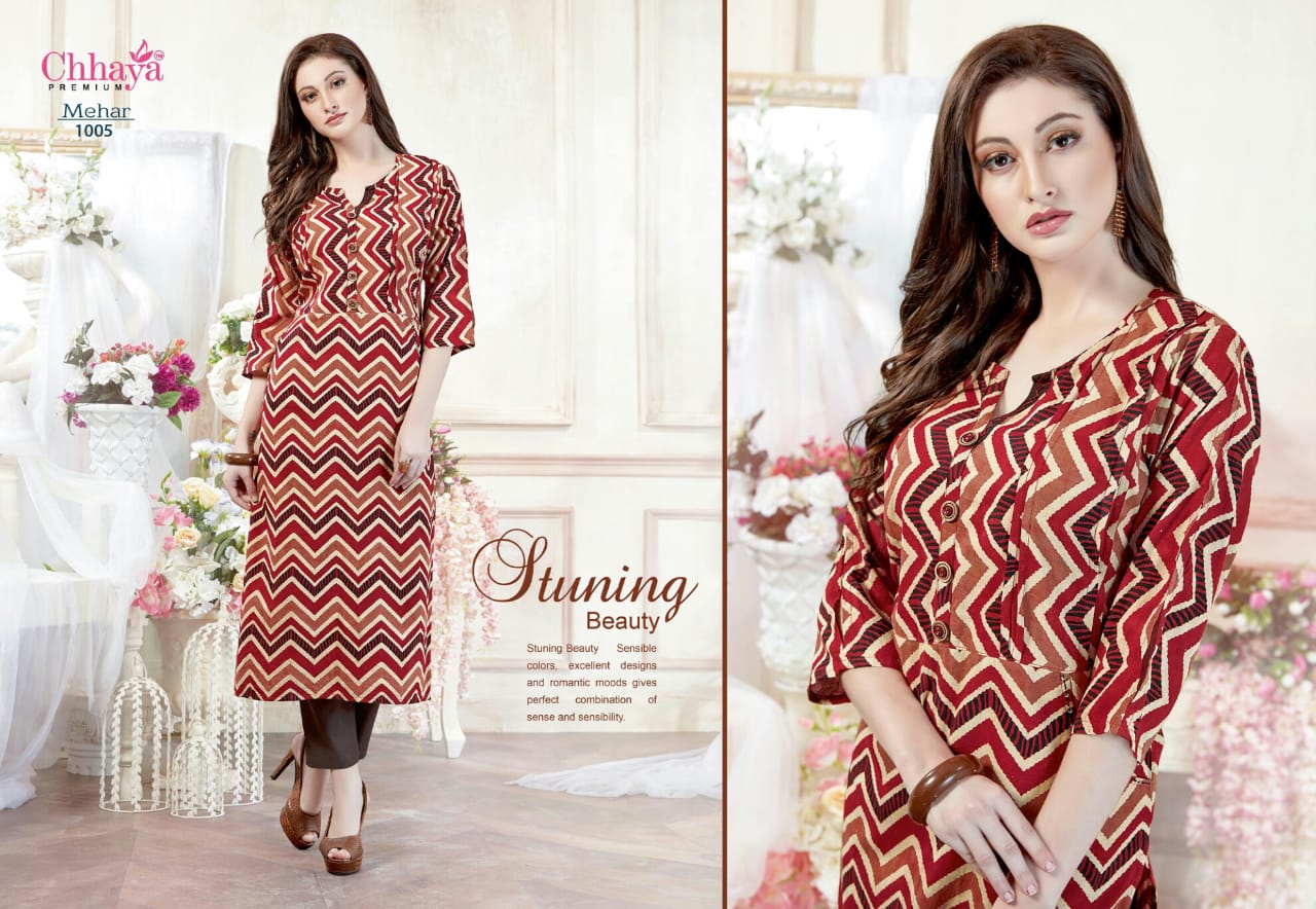 Mehar By Chhaya 1001 To 1010 Series Indian Wear Collection Beautiful Stylish Fancy Colorful Party Wear & Occasional Wear Cotton Printed Kurtis At Wholesale Price
