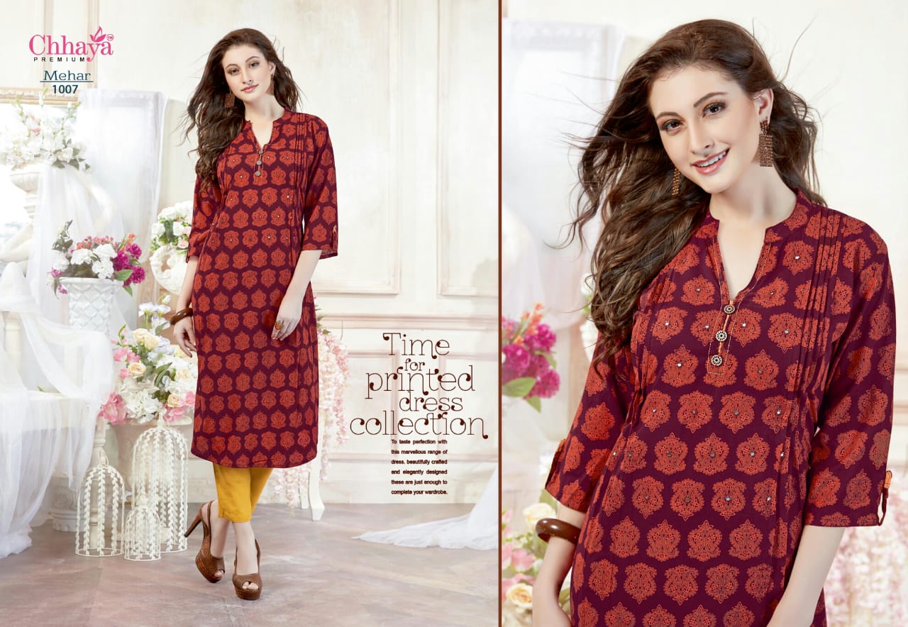 Mehar By Chhaya 1001 To 1010 Series Indian Wear Collection Beautiful Stylish Fancy Colorful Party Wear & Occasional Wear Cotton Printed Kurtis At Wholesale Price