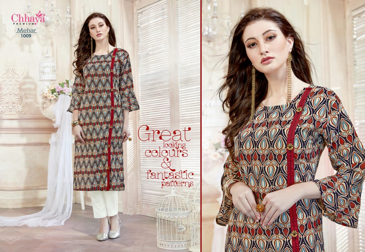 Mehar By Chhaya 1001 To 1010 Series Indian Wear Collection Beautiful Stylish Fancy Colorful Party Wear & Occasional Wear Cotton Printed Kurtis At Wholesale Price