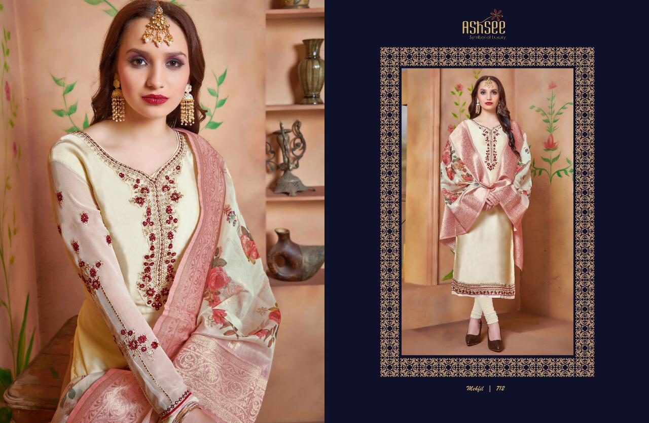 Mehfil By Ashsee 711 To 717 Series Beautiful Suits Stylish Fancy Colorful Party Wear & Ethnic Wear Satin Georgette Embroidered Dresses At Wholesale Price