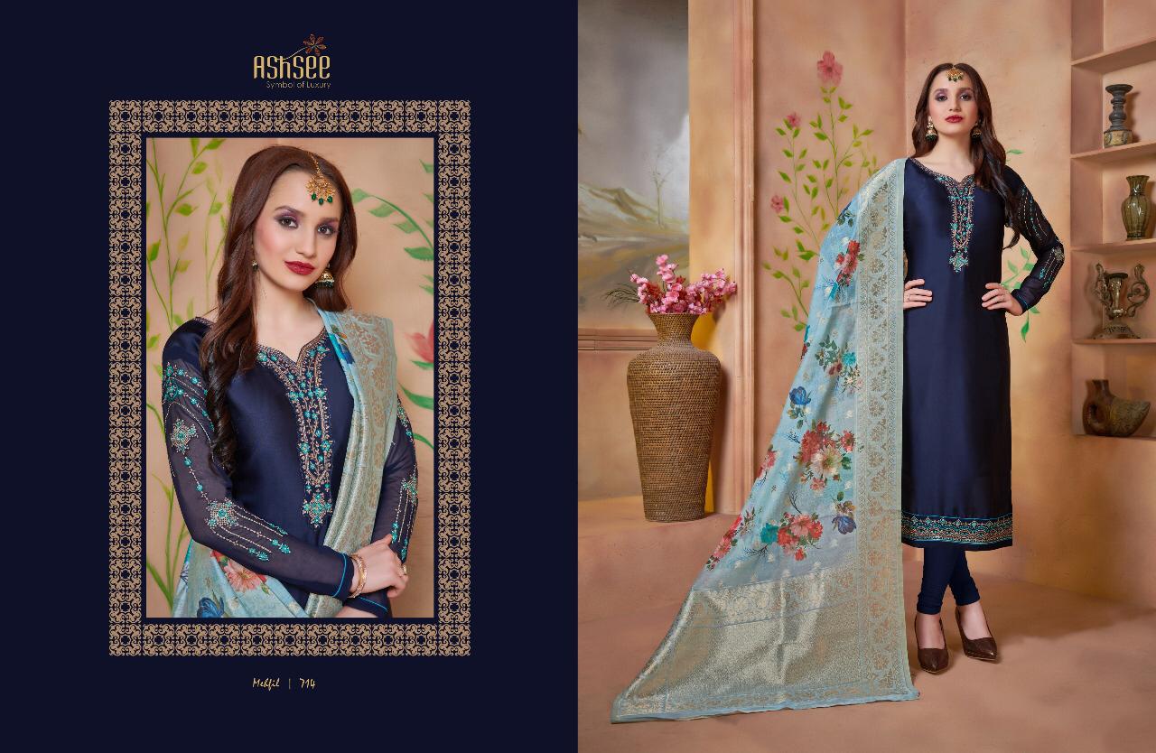 Mehfil By Ashsee 711 To 717 Series Beautiful Suits Stylish Fancy Colorful Party Wear & Ethnic Wear Satin Georgette Embroidered Dresses At Wholesale Price