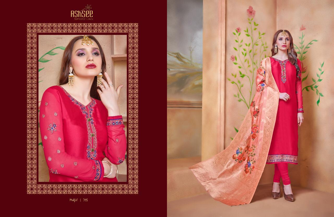 Mehfil By Ashsee 711 To 717 Series Beautiful Suits Stylish Fancy Colorful Party Wear & Ethnic Wear Satin Georgette Embroidered Dresses At Wholesale Price