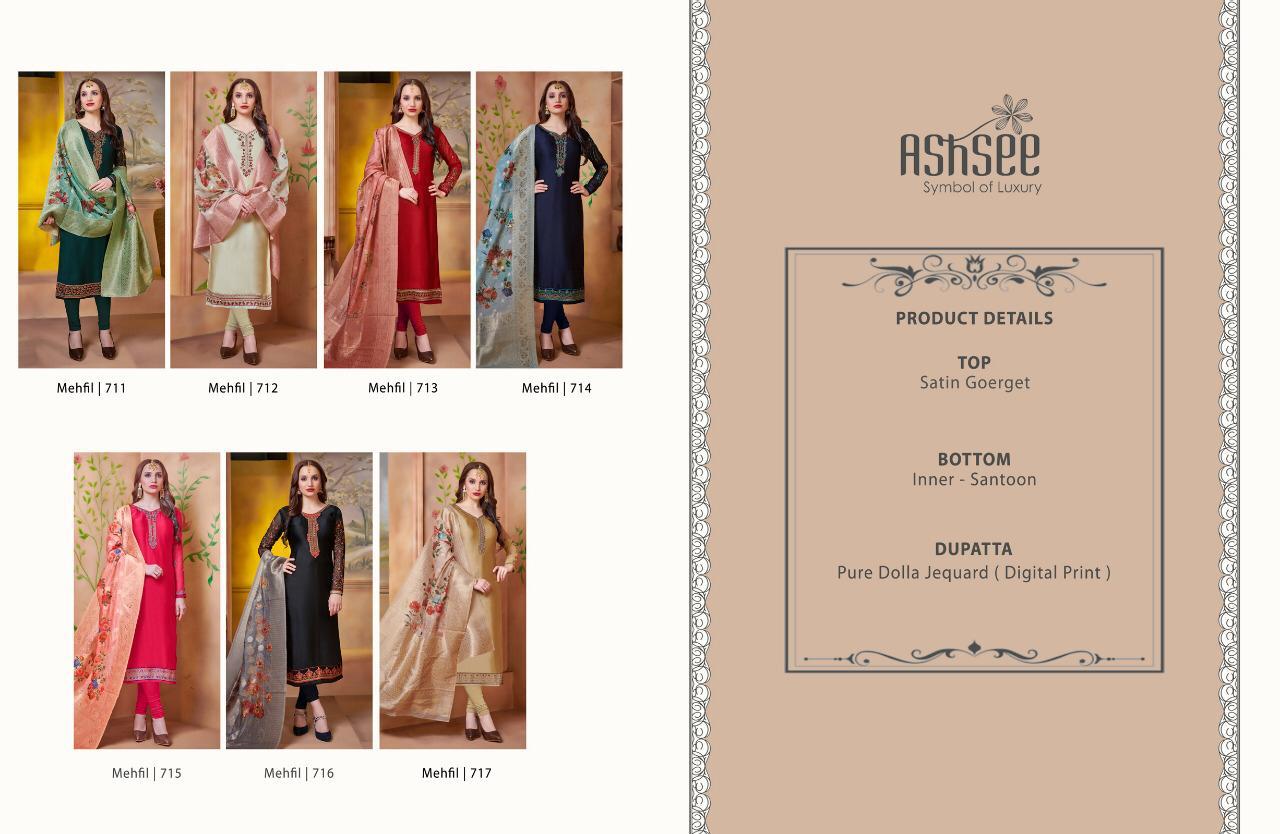 Mehfil By Ashsee 711 To 717 Series Beautiful Suits Stylish Fancy Colorful Party Wear & Ethnic Wear Satin Georgette Embroidered Dresses At Wholesale Price