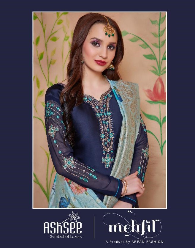 Mehfil By Ashsee 711 To 717 Series Beautiful Suits Stylish Fancy Colorful Party Wear & Ethnic Wear Satin Georgette Embroidered Dresses At Wholesale Price