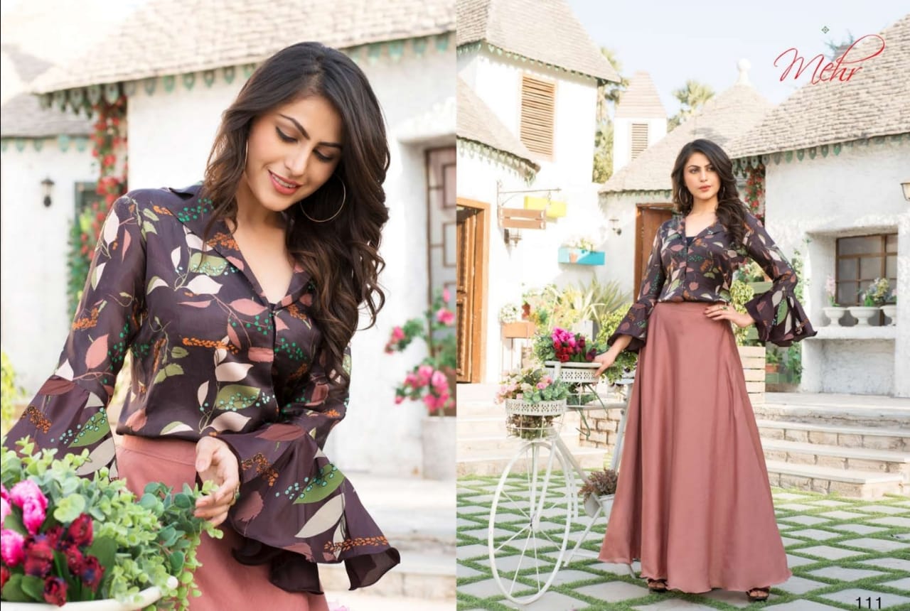 Mehr Vol-3 By Mugdha 109 To 113 Series Beautiful Stylish Colorful Fancy Party Wear & Ethnic Wear & Ready To Wear Scuba/viola/silk Top With Skirt At Wholesale Price
