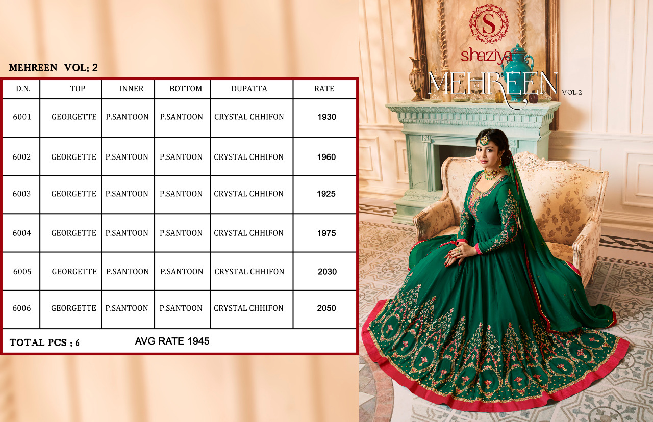 Mehreen Vol-2 By Shaziya 6001 To 6006 Series Designer Anarkali Suits Beautiful Stylish Fancy Colorful Party Wear & Occasional Wear Georgette Dresses At Wholesale Price