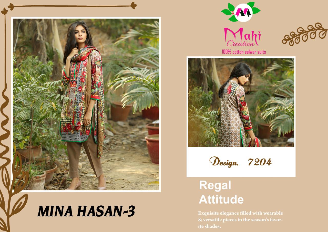 Mina Hasan Vol-3 By Mahi Creation 7201 To 7210 Series Designer Suits Beautiful Stylish Fancy Colorful Party Wear & Ethnic Wear Pure Cotton Printed Dresses At Wholesale Price