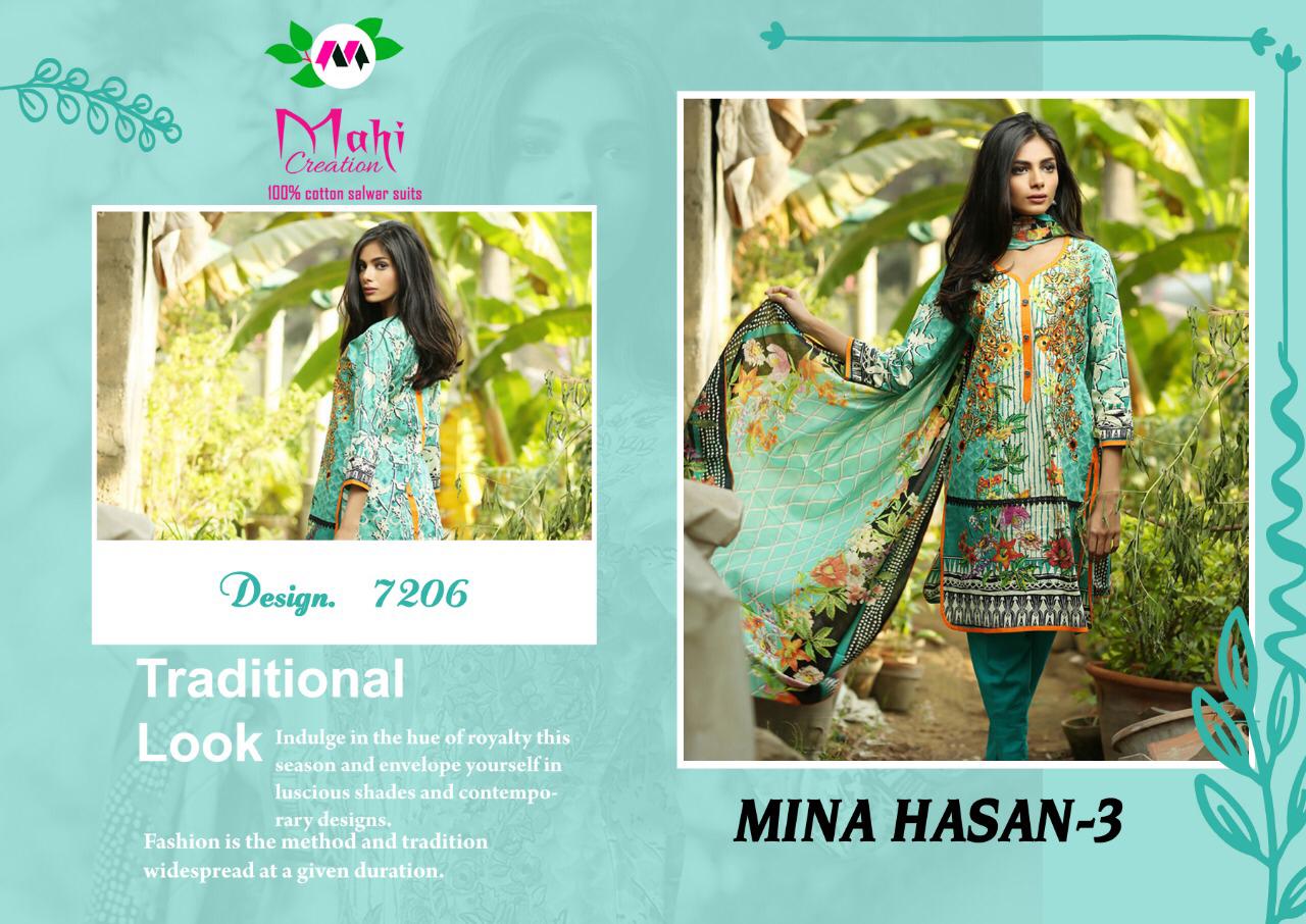 Mina Hasan Vol-3 By Mahi Creation 7201 To 7210 Series Designer Suits Beautiful Stylish Fancy Colorful Party Wear & Ethnic Wear Pure Cotton Printed Dresses At Wholesale Price
